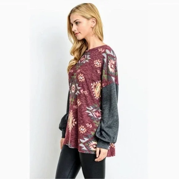 First Love Bohemian Aztec Ethnic Print Long Sleeve Shirt Puff Sleeves NWT Large - Picture 6 of 12